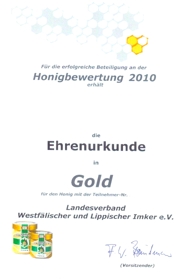 Honigbewertung: Urkunde in Gold
